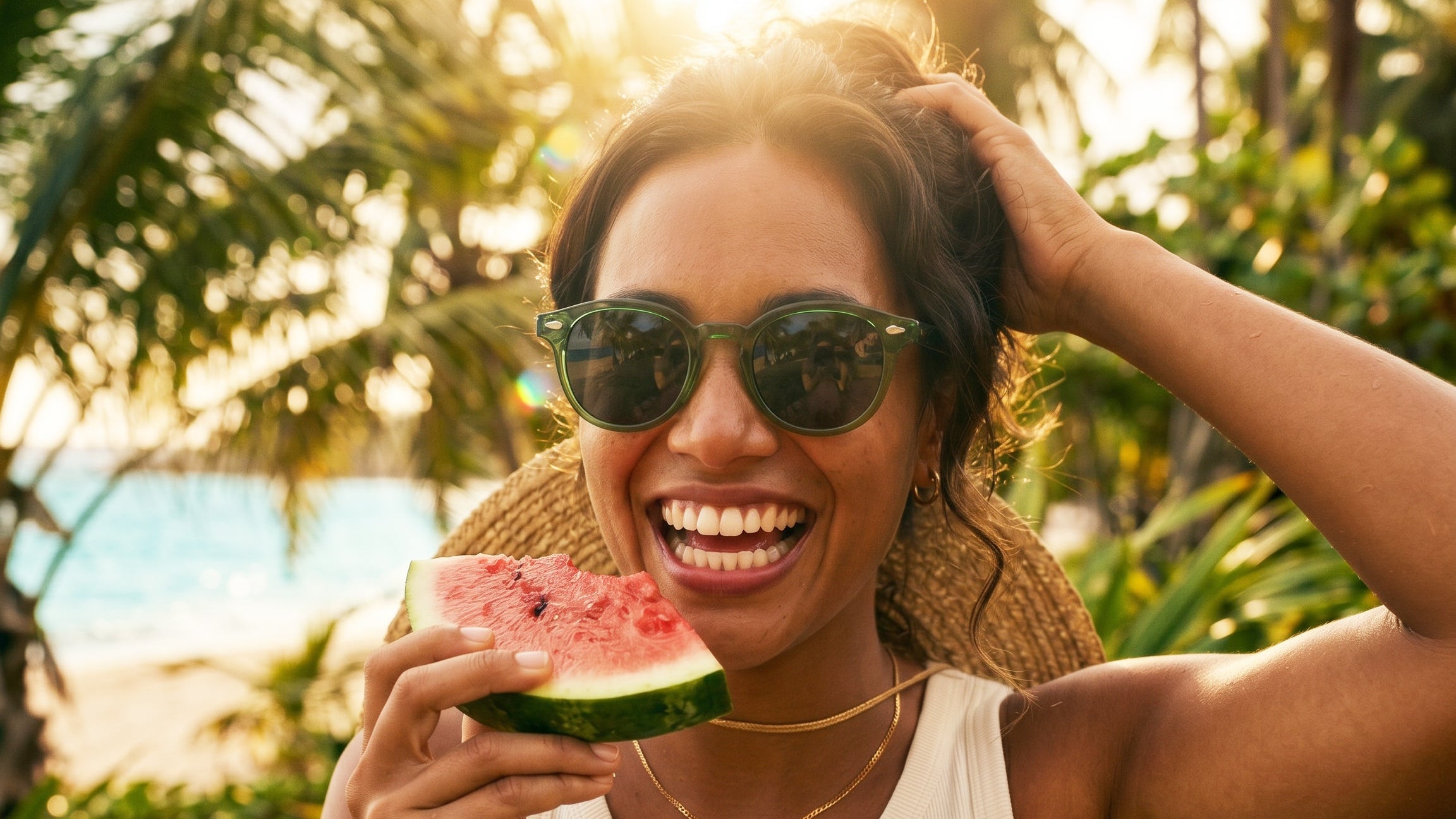A woman wearing round black sunglasses, a straw hat, and a white tank top smiles while holding a slice of watermelon outdoors near palm trees and water at sunset.