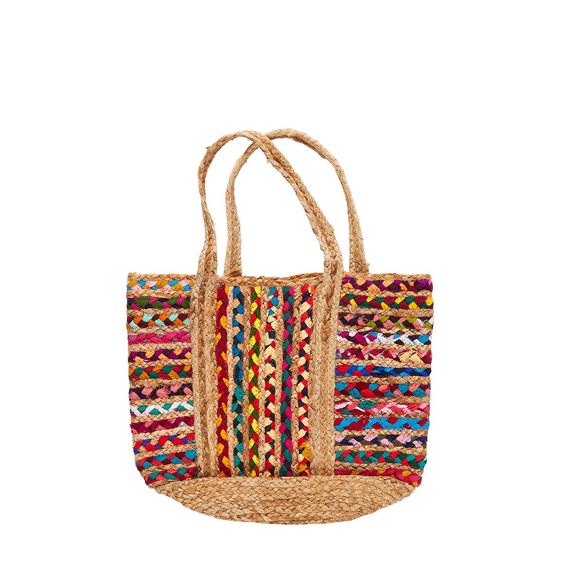 RECYCLED MULTI COLORED FABRIC BRAIDED JUTE BEACH ECO-TOTE